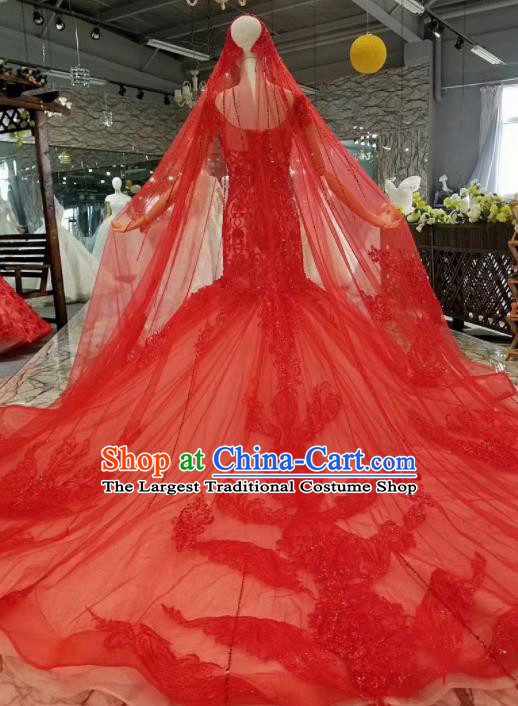Top Grade Modern Fancywork Red Fishtail Full Dress Customize Waltz Dance Costume for Women