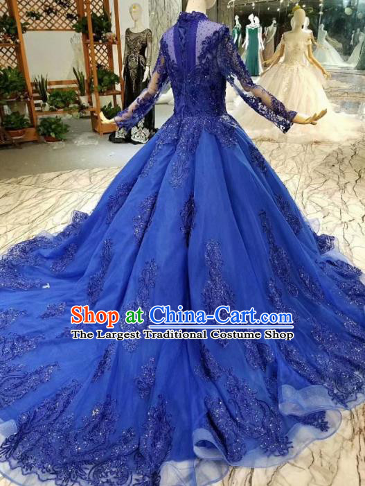 Top Grade Modern Fancywork Embroidered Royalblue Full Dress Customize Waltz Dance Costume for Women