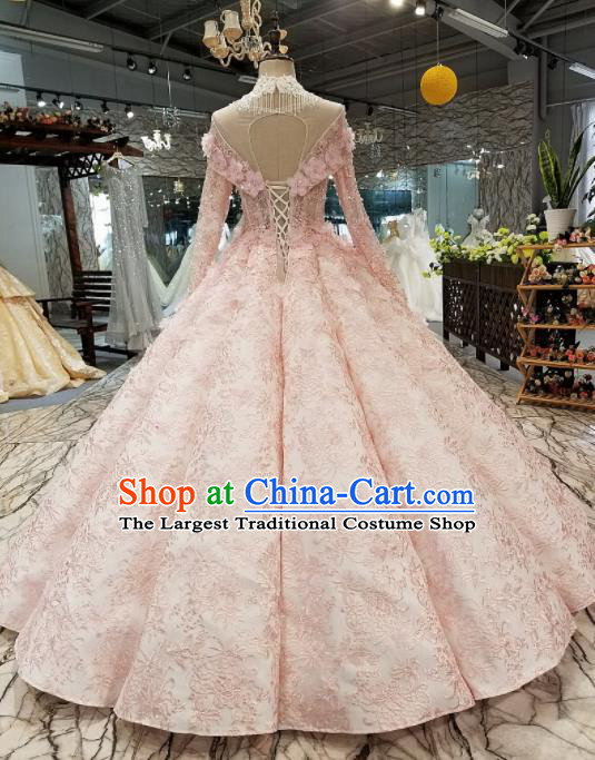 Top Grade Pink Lace Full Dress Customize Modern Fancywork Princess Waltz Dance Costume for Women