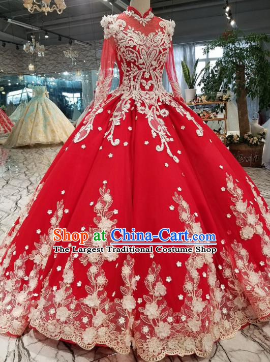 Top Grade Embroidered Red Trailing Full Dress Customize Modern Fancywork Princess Waltz Dance Costume for Women