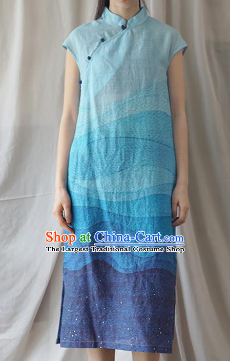 Chinese Traditional National Costume Blue Linen Qipao Dress Tang Suit Cheongsam for Women