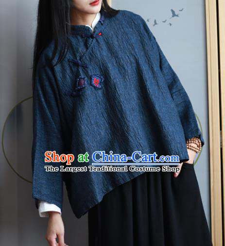 Chinese Traditional National Costume Navy Linen Blouse Tang Suit Upper Outer Garment for Women