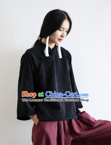 Chinese Traditional National Costume Black Corduroy Jacket Tang Suit Upper Outer Garment for Women