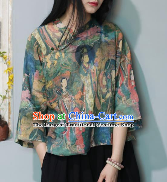 Chinese Traditional National Costume Printing Shirt Tang Suit Upper Outer Garment for Women
