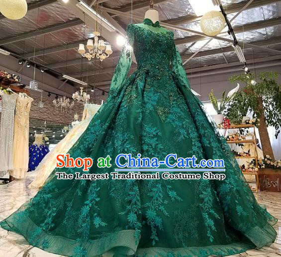 Top Grade Embroidered Deep Green Full Dress Customize Modern Fancywork Princess Waltz Dance Costume for Women