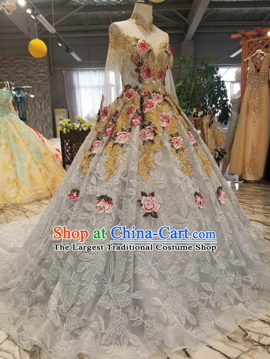 Top Grade Embroidered Roses Trailing Full Dress Customize Modern Fancywork Princess Waltz Dance Costume for Women