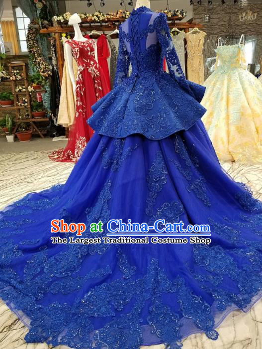 Top Grade Embroidered Royalblue Trailing Full Dress Customize Modern Fancywork Princess Waltz Dance Costume for Women