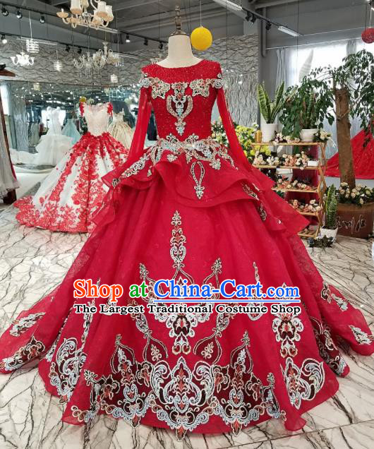 Top Grade Embroidered Long Trailing Red Full Dress Customize Modern Fancywork Princess Waltz Dance Costume for Women