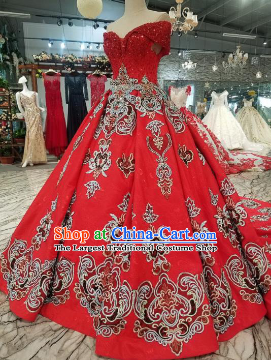 Top Grade Embroidered Flat Shouders Trailing Red Full Dress Customize Modern Fancywork Princess Waltz Dance Costume for Women