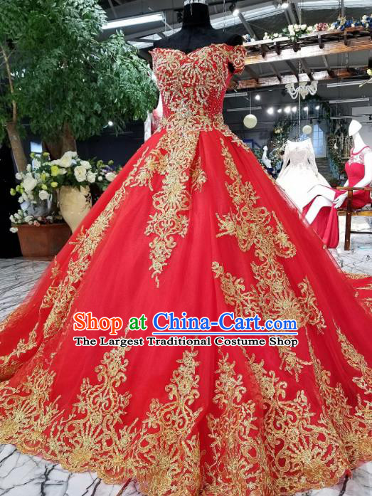 Chinese Customize Embroidered Red Trailing Wedding Dress Top Grade Court Bride Costume for Women
