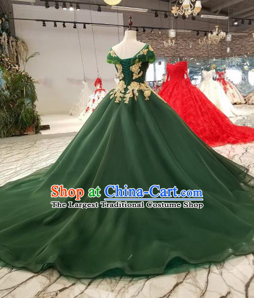 Top Grade Green Veil Trailing Full Dress Customize Modern Fancywork Princess Waltz Dance Costume for Women