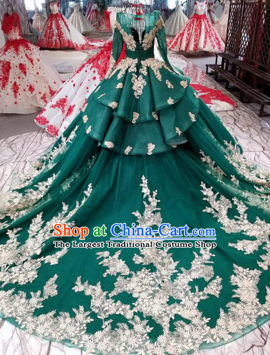 Top Grade Handmade Embroidered Green Full Dress Customize Modern Fancywork Princess Waltz Dance Costume for Women