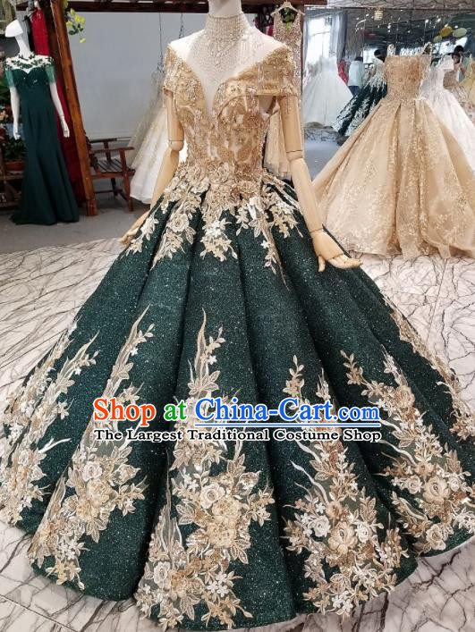 Top Grade Modern Fancywork Court Princess Atrovirens Paillette Full Dress Customize Waltz Dance Costume for Women