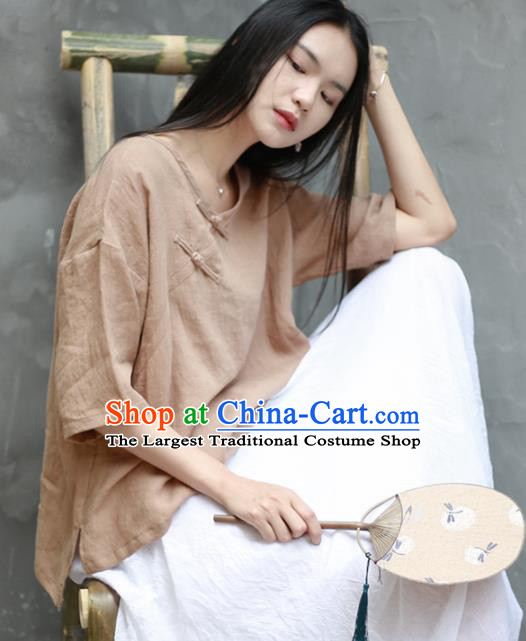 Chinese Traditional National Costume Tang Suit Slant Opening Khaki Blouse Upper Outer Garment for Women