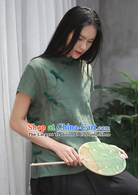 Chinese Traditional National Costume Tang Suit Slant Opening Green Linen Shirt Upper Outer Garment for Women