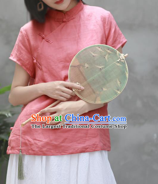 Chinese Traditional National Costume Tang Suit Slant Opening Pink Linen Shirt Upper Outer Garment for Women