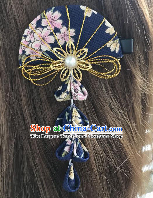 Traditional Japan Deep Blue Fan Tassel Hair Claw Japanese Kimono Hair Accessories for Women