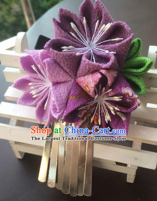 Traditional Japan Purple Sakura Tassel Hair Claw Japanese Kimono Hair Accessories for Women