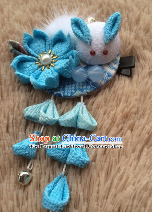 Traditional Japan Blue Sakura Rabbit Tassel Hair Stick Japanese Kimono Hair Accessories for Women