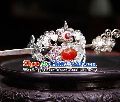 China Ancient Swordsman Red Stone Argent Hairdo Crown Hairpins Chinese Traditional Hanfu Hair Accessories for Men