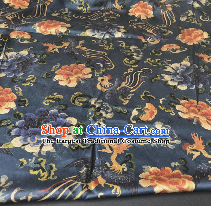 Asian Chinese Traditional Embroidered Peony Pattern Design Navy Brocade Fabric Silk Fabric Chinese Fabric Asian Material