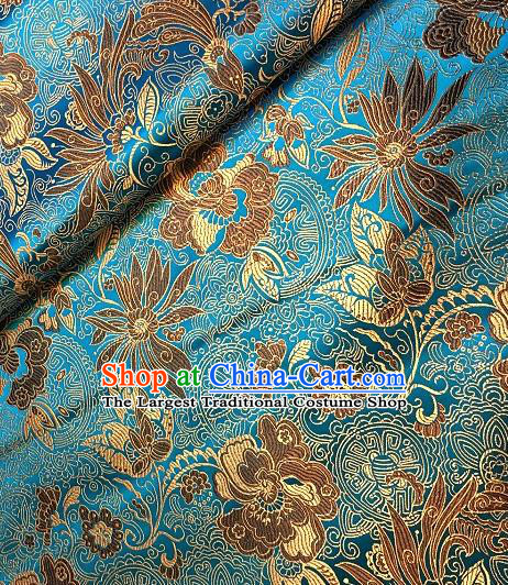 Asian Chinese Traditional Lotus Peony Pattern Design Blue Brocade Fabric Silk Fabric Chinese Fabric Asian Material