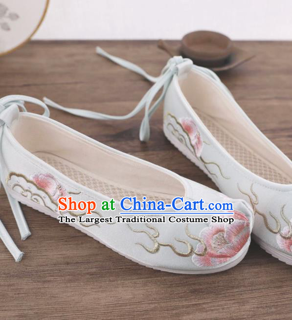 Chinese Traditional Hanfu Shoes Ancient Princess Light Blue Embroidered Shoes National Wedding Shoes for Women
