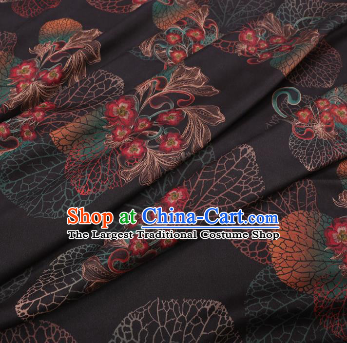 Chinese Traditional Leaf Flowers Pattern Design Black Satin Watered Gauze Brocade Fabric Asian Silk Fabric Material