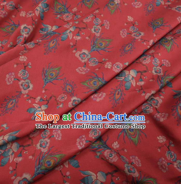 Chinese Traditional Phoenix Feather Pattern Design Red Satin Watered Gauze Brocade Fabric Asian Silk Fabric Material
