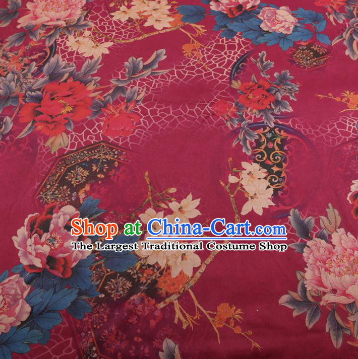 Chinese Traditional Peony Pattern Design Wine Red Satin Watered Gauze Brocade Fabric Asian Silk Fabric Material