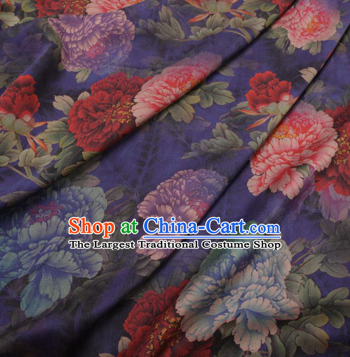 Chinese Traditional Peony Pattern Design Blue Satin Watered Gauze Brocade Fabric Asian Silk Fabric Material