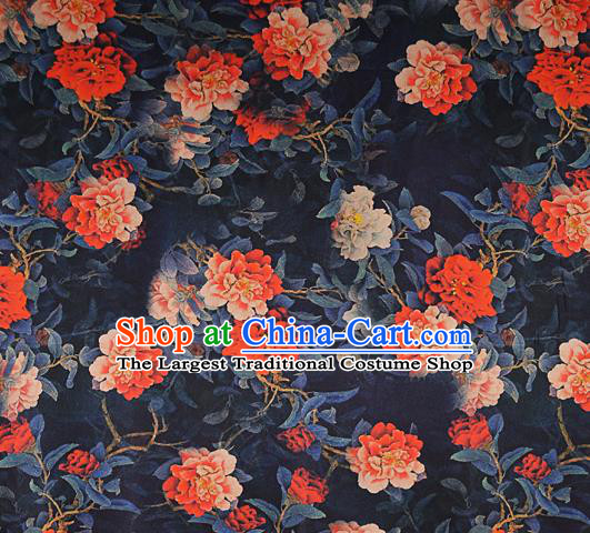 Chinese Traditional Peony Pattern Design Navy Satin Watered Gauze Brocade Fabric Asian Silk Fabric Material