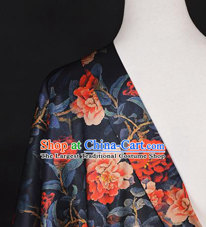 Chinese Traditional Peony Pattern Design Navy Satin Watered Gauze Brocade Fabric Asian Silk Fabric Material
