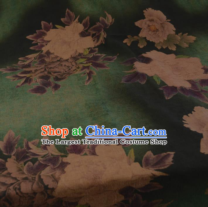 Chinese Traditional Peony Pattern Design Deep Green Satin Watered Gauze Brocade Fabric Asian Silk Fabric Material