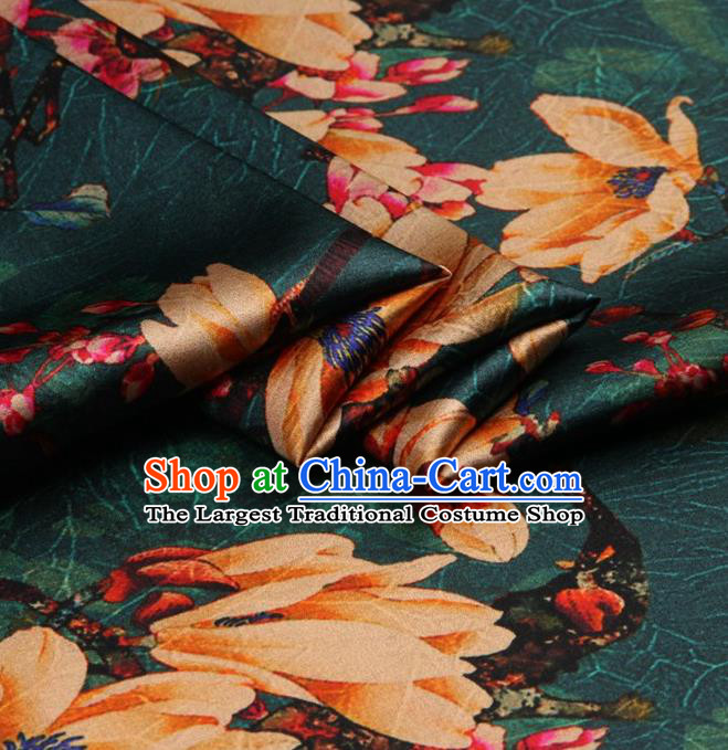 Chinese Traditional Magnolia Pattern Design Dark Green Satin Watered Gauze Brocade Fabric Asian Silk Fabric Material