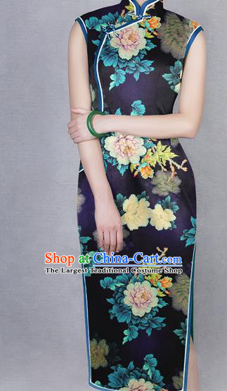 Chinese Traditional Peony Pattern Design Purple Satin Watered Gauze Brocade Fabric Asian Silk Fabric Material