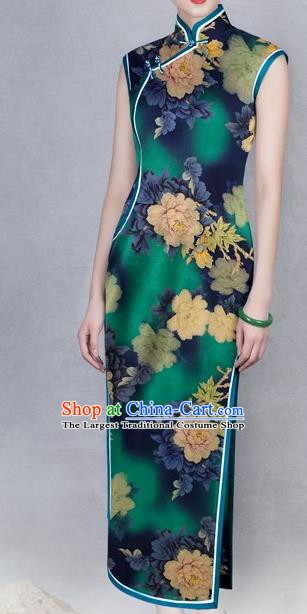 Chinese Traditional Peony Pattern Design Green Satin Watered Gauze Brocade Fabric Asian Silk Fabric Material