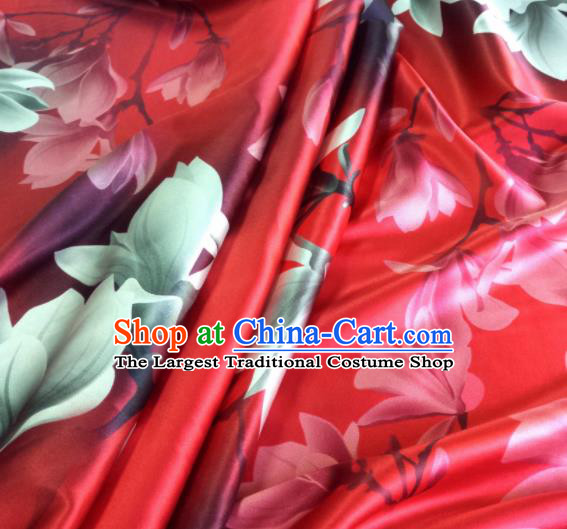 Chinese Traditional Yulan Magnolia Pattern Design Red Satin Watered Gauze Brocade Fabric Asian Silk Fabric Material