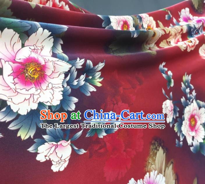 Chinese Traditional Peony Pattern Design Red Satin Watered Gauze Brocade Fabric Asian Silk Fabric Material