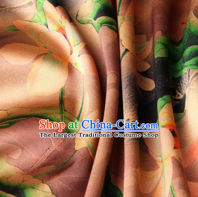 Chinese Traditional Lotus Pattern Design Khaki Satin Watered Gauze Brocade Fabric Asian Silk Fabric Material