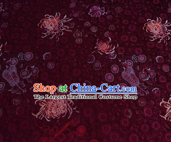 Chinese Classical Chrysanthemum Pattern Design Dark Red Brocade Asian Traditional Hanfu Silk Fabric Tang Suit Fabric Material