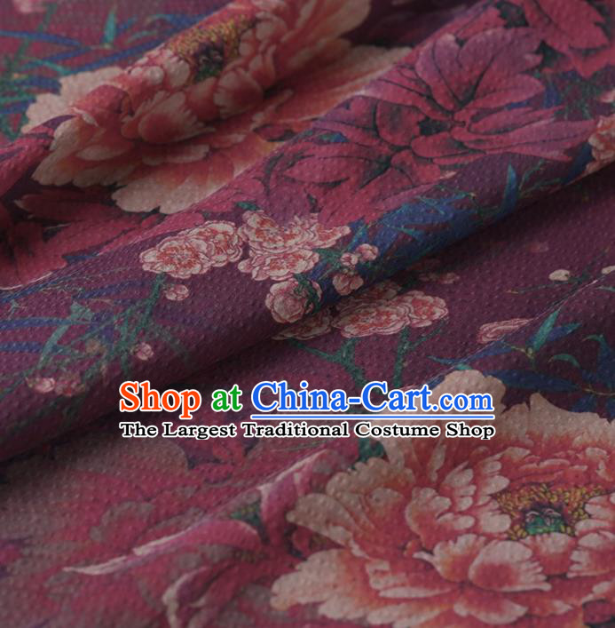 Chinese Traditional Peony Plum Pattern Design Purple Satin Watered Gauze Brocade Fabric Asian Silk Fabric Material