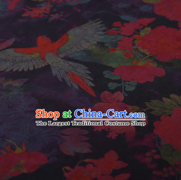 Traditional Chinese Satin Classical Birds Peony Pattern Design Navy Watered Gauze Brocade Fabric Asian Silk Fabric Material