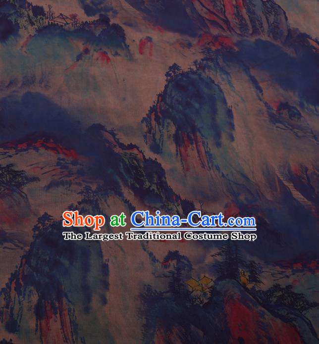 Traditional Chinese Satin Classical Landscape Pattern Design Blue Watered Gauze Brocade Fabric Asian Silk Fabric Material