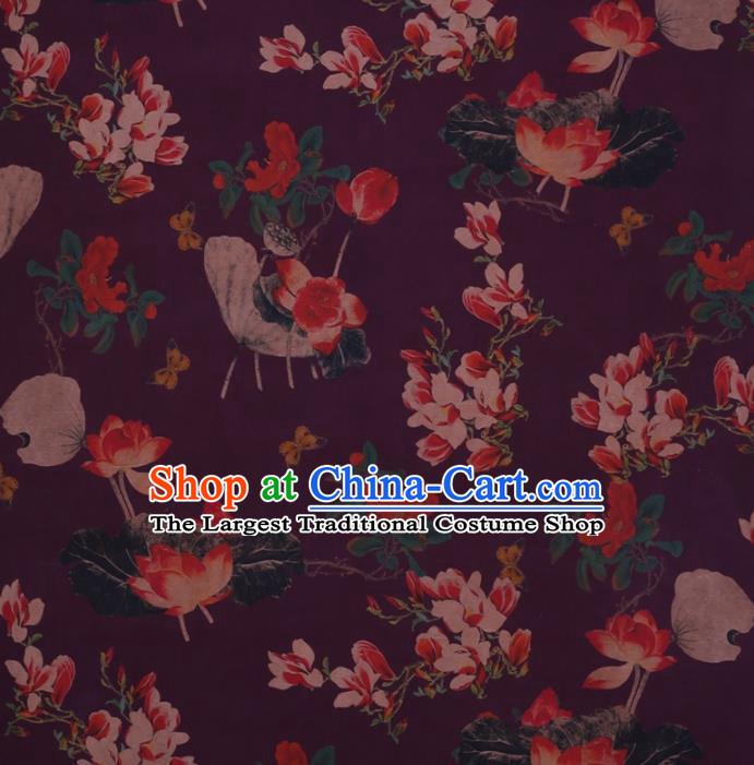 Traditional Chinese Satin Classical Yulan Magnolia Pattern Design Purple Watered Gauze Brocade Fabric Asian Silk Fabric Material