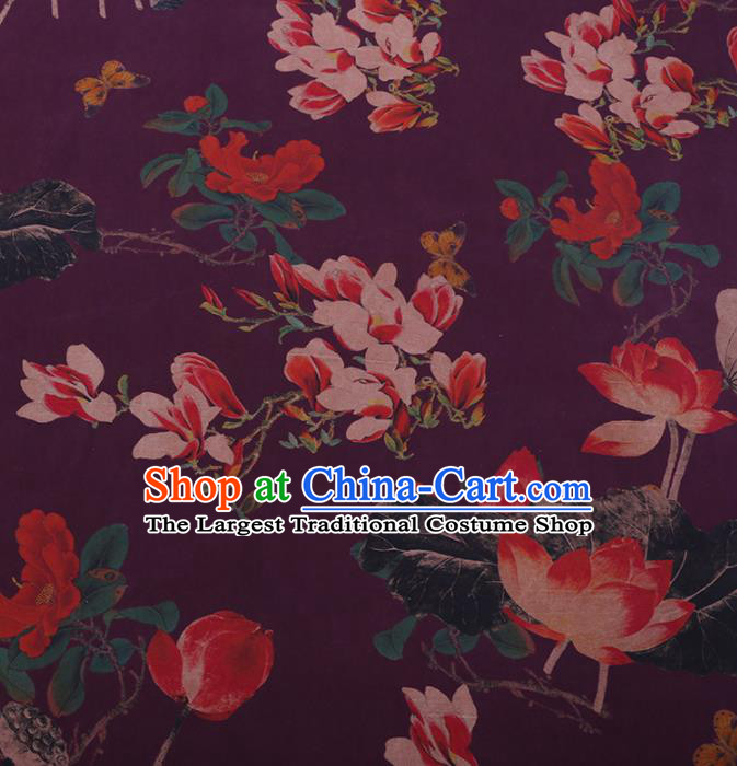 Traditional Chinese Satin Classical Yulan Magnolia Pattern Design Purple Watered Gauze Brocade Fabric Asian Silk Fabric Material