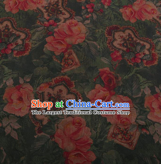 Traditional Chinese Satin Classical Roses Pattern Design Green Watered Gauze Brocade Fabric Asian Silk Fabric Material