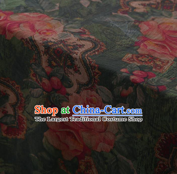 Traditional Chinese Satin Classical Roses Pattern Design Green Watered Gauze Brocade Fabric Asian Silk Fabric Material