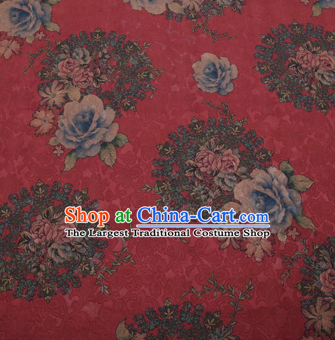 Traditional Chinese Satin Classical Roses Pattern Design Red Watered Gauze Brocade Fabric Asian Silk Fabric Material