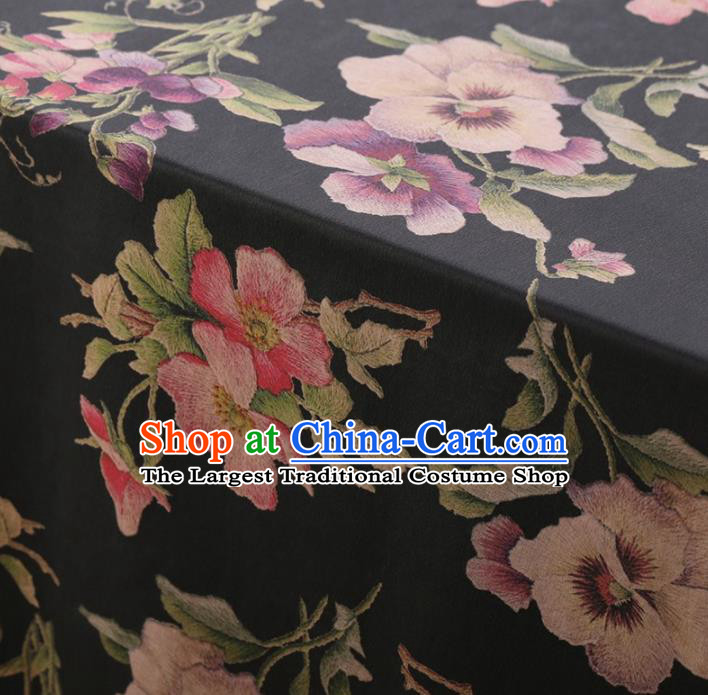 Traditional Chinese Satin Classical Peach Blossom Pattern Design Black Watered Gauze Brocade Fabric Asian Silk Fabric Material